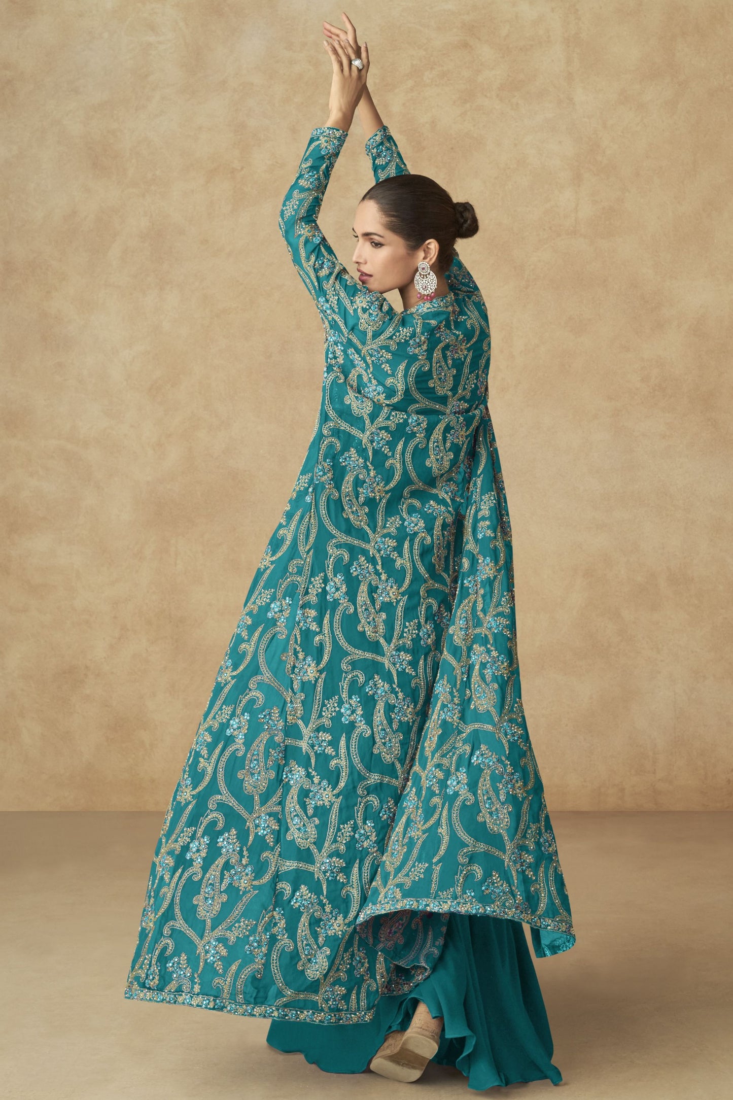 Teal Georgette Palazzo with Choli & Jacket For Wedding & Indian Festival - Embroidery Work