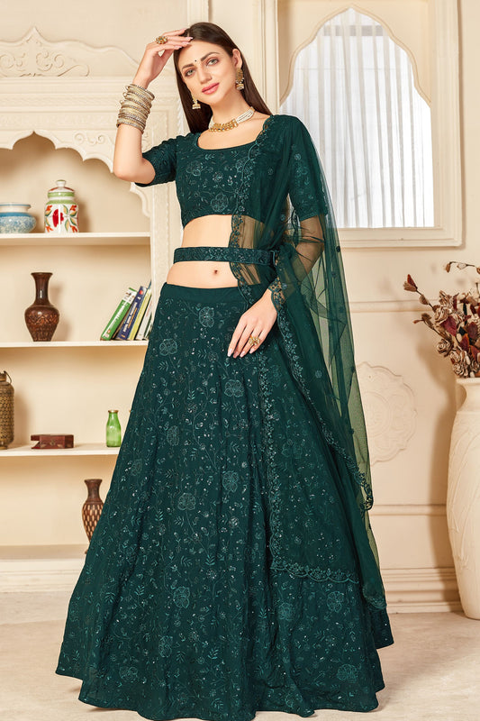Green Georgette Lehenga Choli For Indian Festivals & Weddings - Sequence Embroidery Work, Thread Work