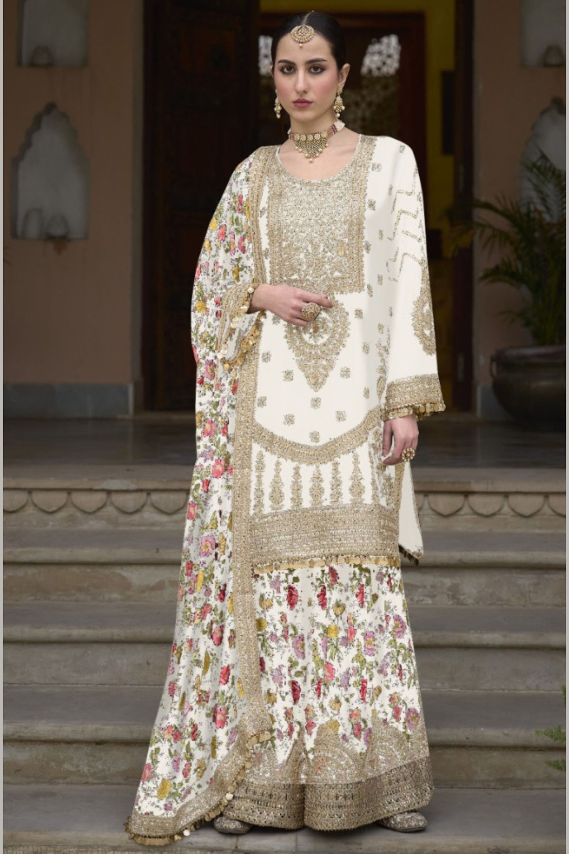 White Chinon Silk Kameez with Plazzo And Dupatta For Indian Suit Festivals & Pakistani Weddings - Embroidery Work