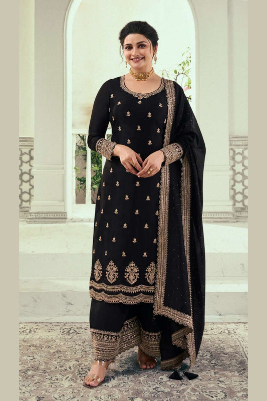 Black Georgette Silk Salwar Kameez Suit For Indian Festivals & Pakistani Weddings Dress - Thread Embroidery Work