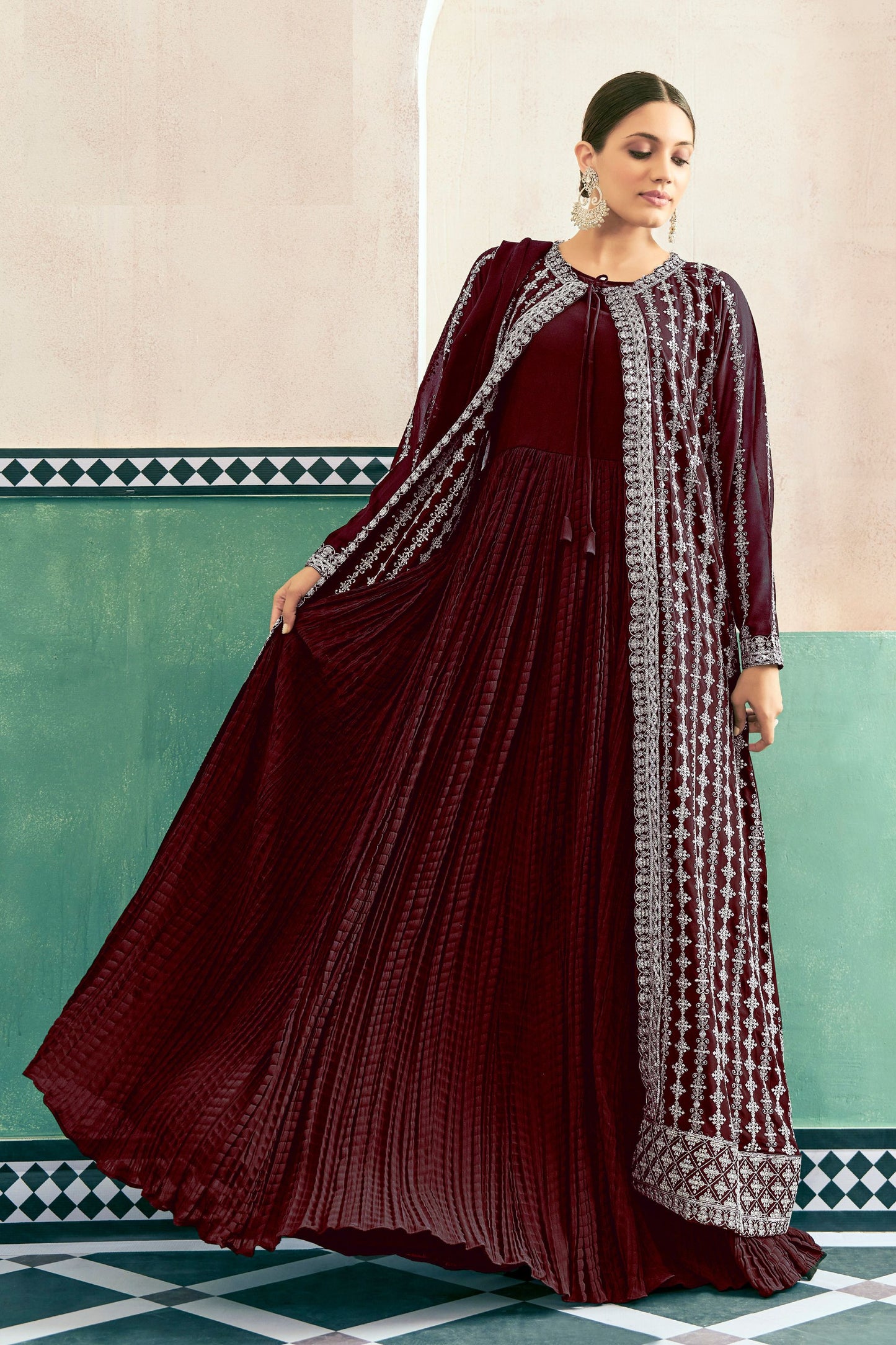 Maroon Crushed Georgette Full Floor Length Anarkali Gown With Koti Jacket For Indian Festivals & Weddings - Sequence Embroidery Work