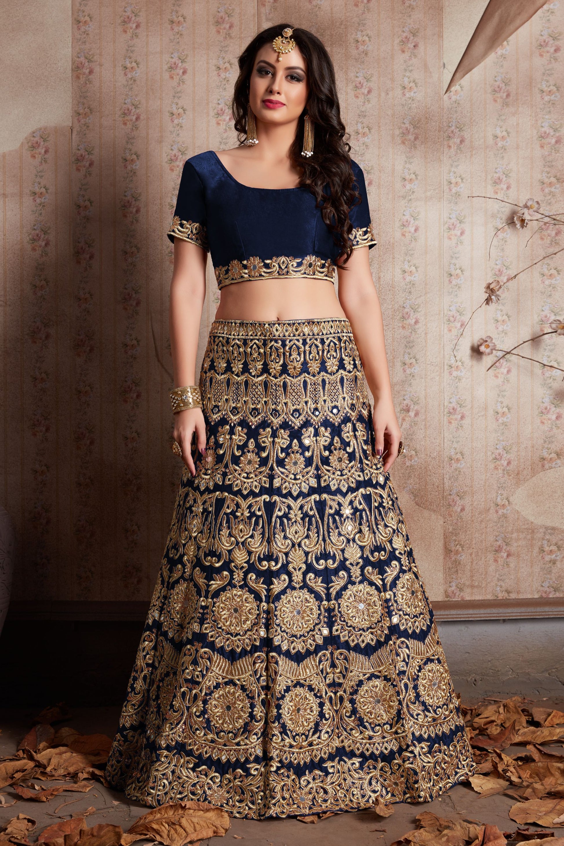 Navy Blue Velvet Silk Lehenga Choli For Indian Festival & Weddings - Sequence Embroidery Work, Mirror Work, Zari Work