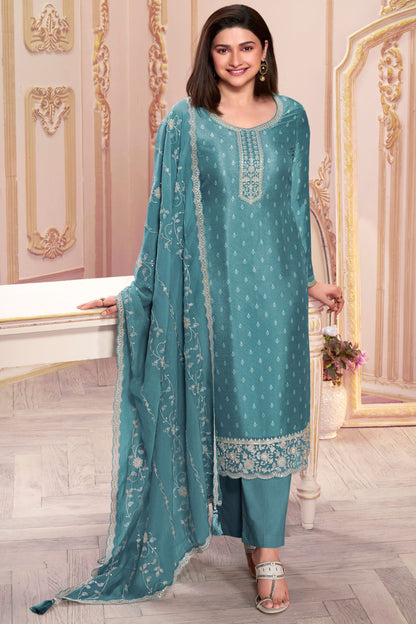 Light Teal Georgette Silk Kameez with Pant For Indian Suit Festivals & Pakistani Weddings - Embroidery