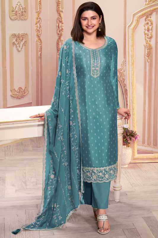 Light Teal Georgette Silk Kameez with Pant For Indian Suit Festivals & Pakistani Weddings - Embroidery