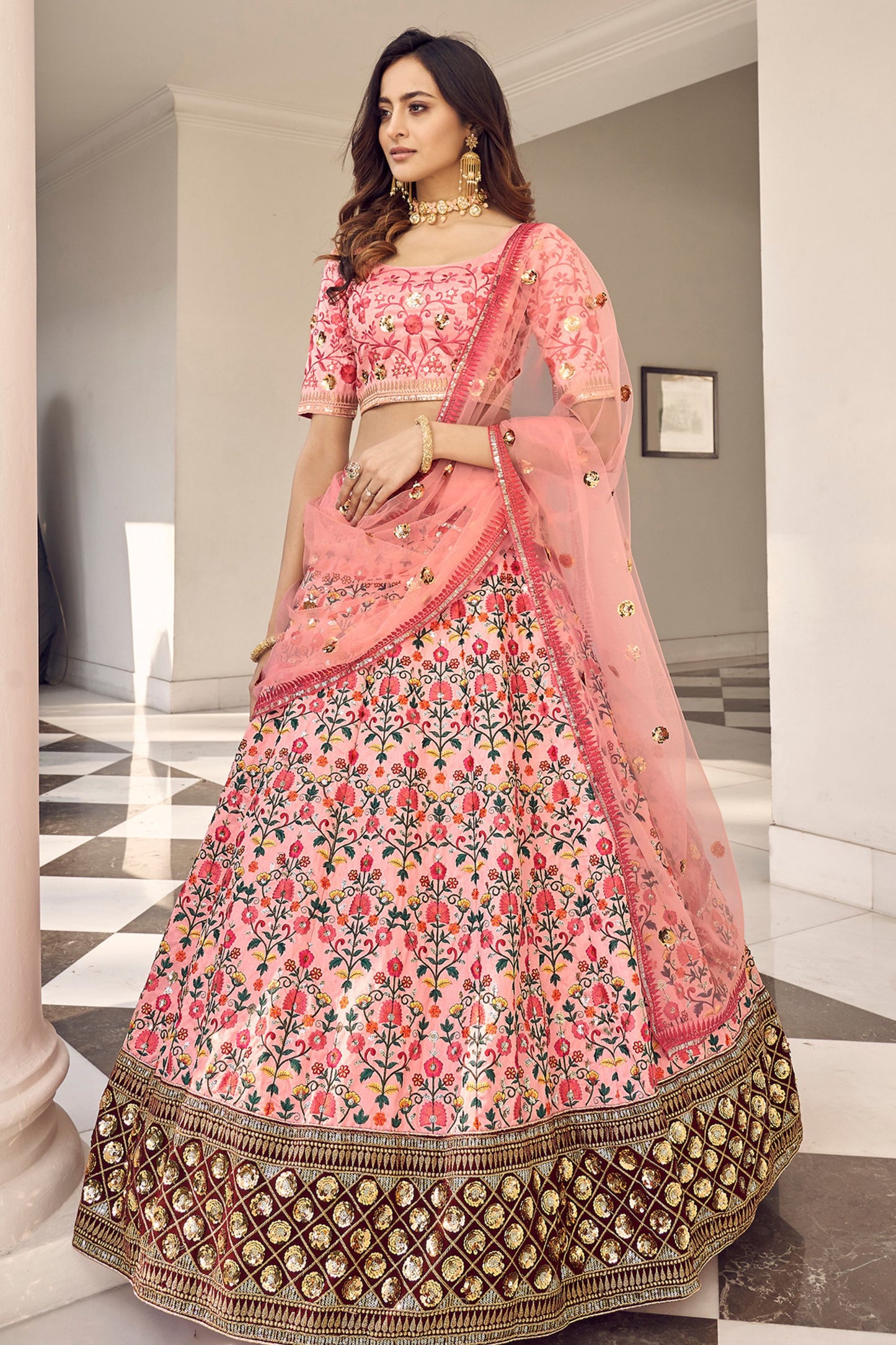 Pink Pakistani Art Silk Lehenga Choli For Indian Festivals & Weddings - Sequence Embroidery Work, Thread Embroidery Work,