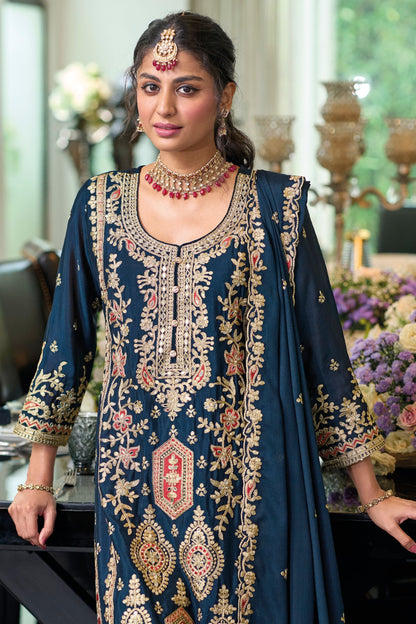 Dark Teal Chinon Silk Kameez with Plazo For Indian Festivals & Weddings - Embroidery Work