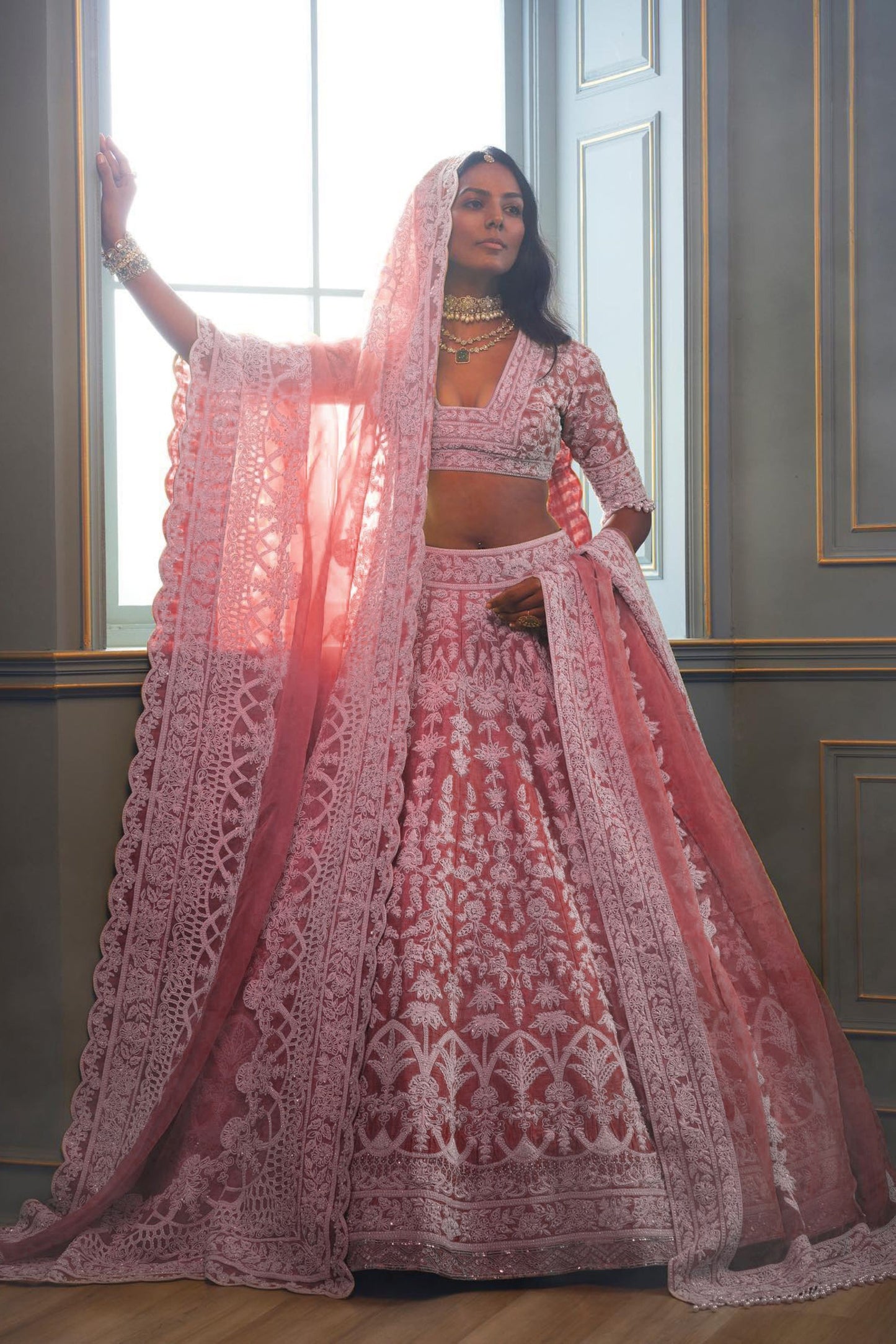 Pink Net Embroidered Lehenga Choli For Indian Festival & Pakistani Wedding - Embroidery Work, Dori Work, Stone Work