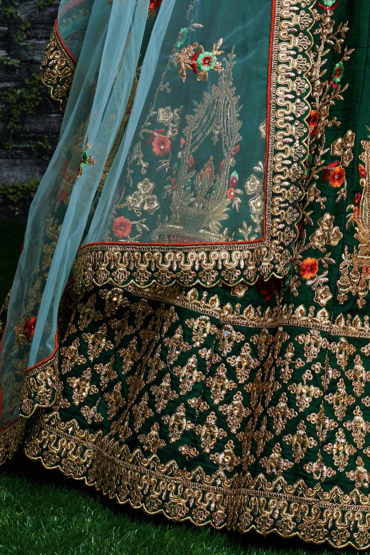 Dark Green Ghagra Choli for Ladies in Taffeta Satin Silk with Dori, Zari Work & Sequin