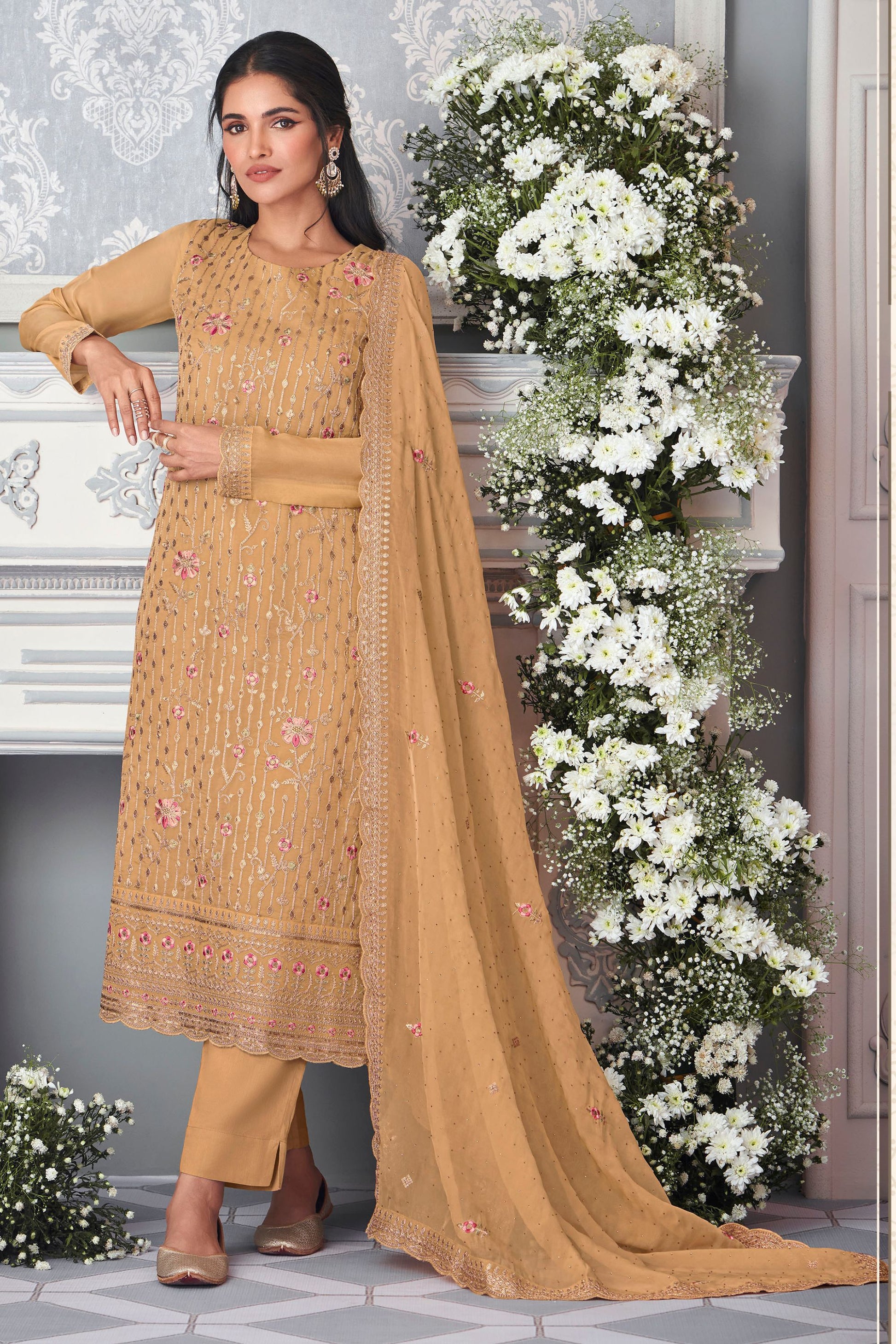 Cream Organza Silk Kameez with Pant For Indian Suit Festivals & Pakistani Weddings - Embroidery Work