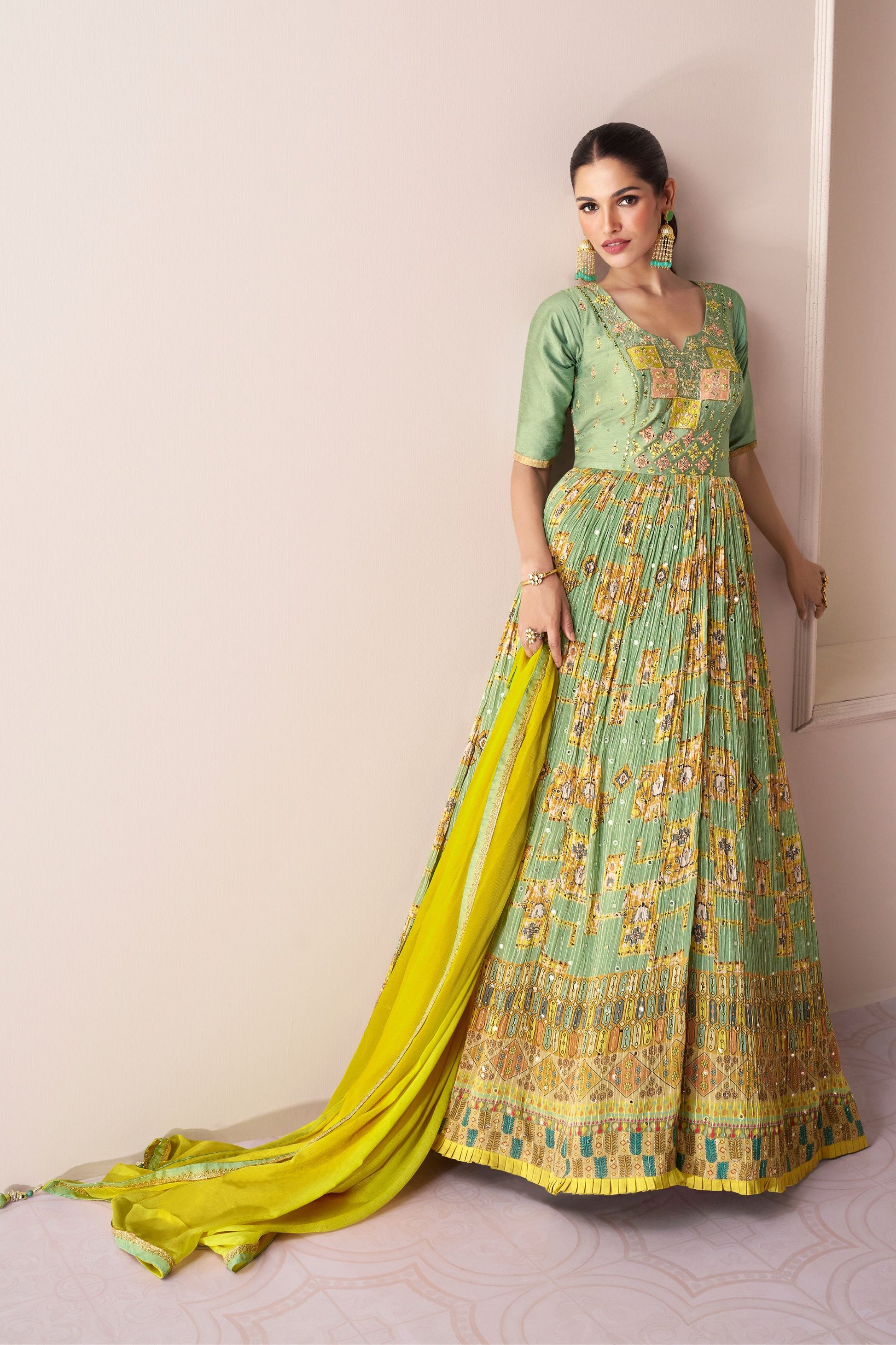 Light Green Georgette & Chinon Silk Anarkali Gown For Indian Festivals & Pakistani Weddings Dress - Embroidery Work, Print Work