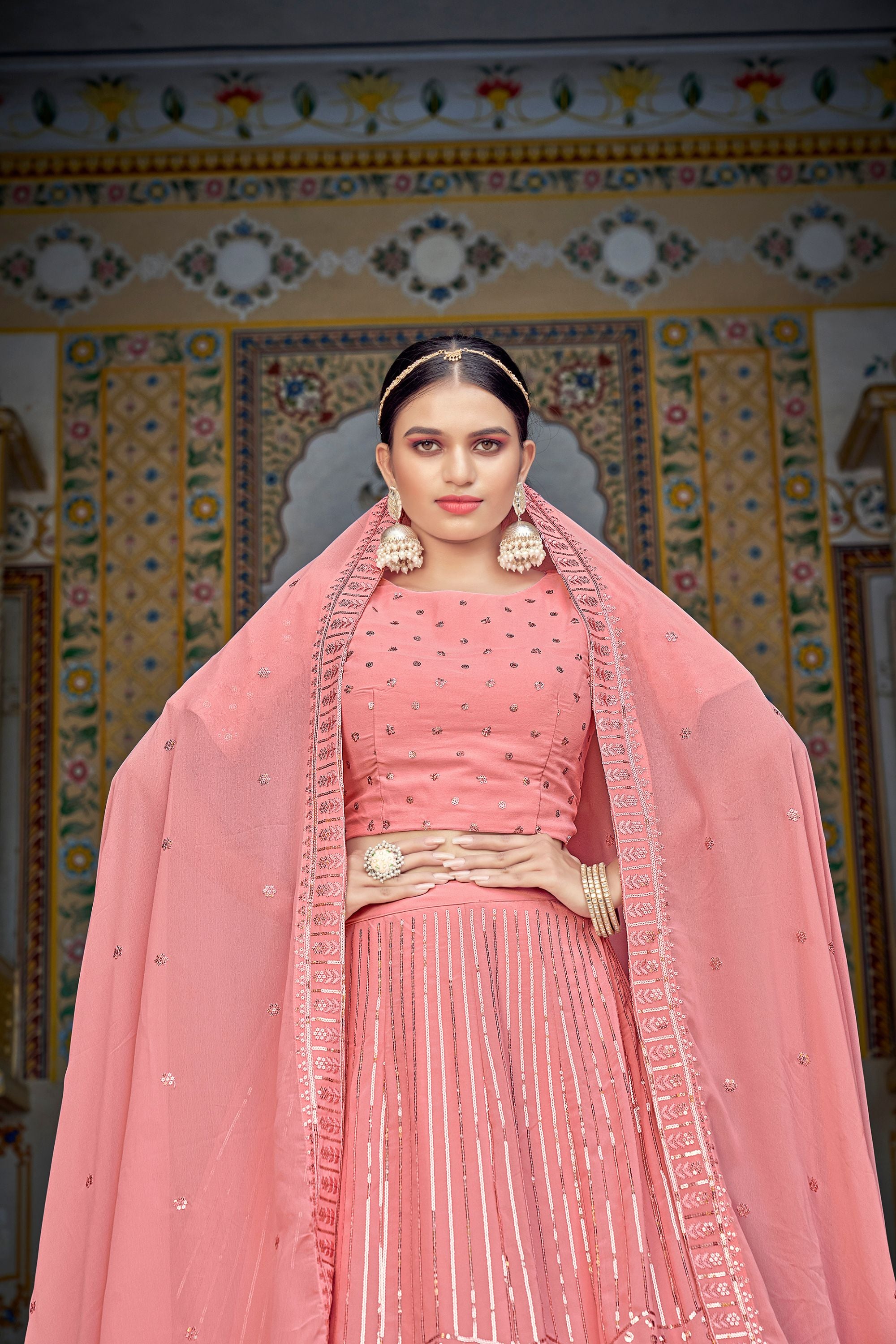 Pink Georgette Lehenga Choli Set For Indian Festivals & Weddings - Thread Work & Sequence Embroidery Work