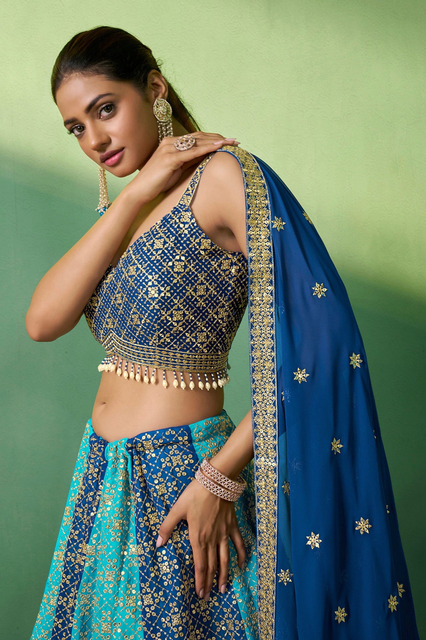 Blue Pakistani Georgette Lehenga Choli For Indian Festivals & Weddings - Sequence Embroidery Work, Thread Embroidery Work,