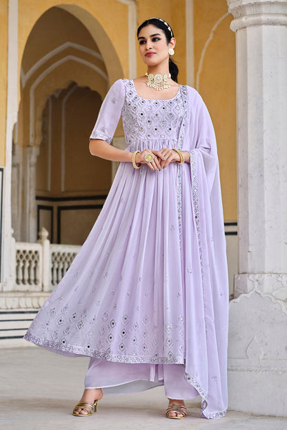 Purple Pakistani Georgette Plazo For Indian Festivals & Weddings - Sequence Embroidery Work, Thread Embroidery Work, Mirror Work