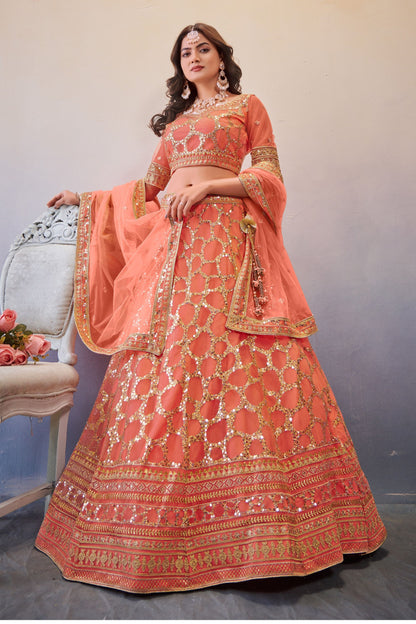 Light Orange Net Lehenga Choli For Indian Festivals & Wedding - Sequence Embroidery Work