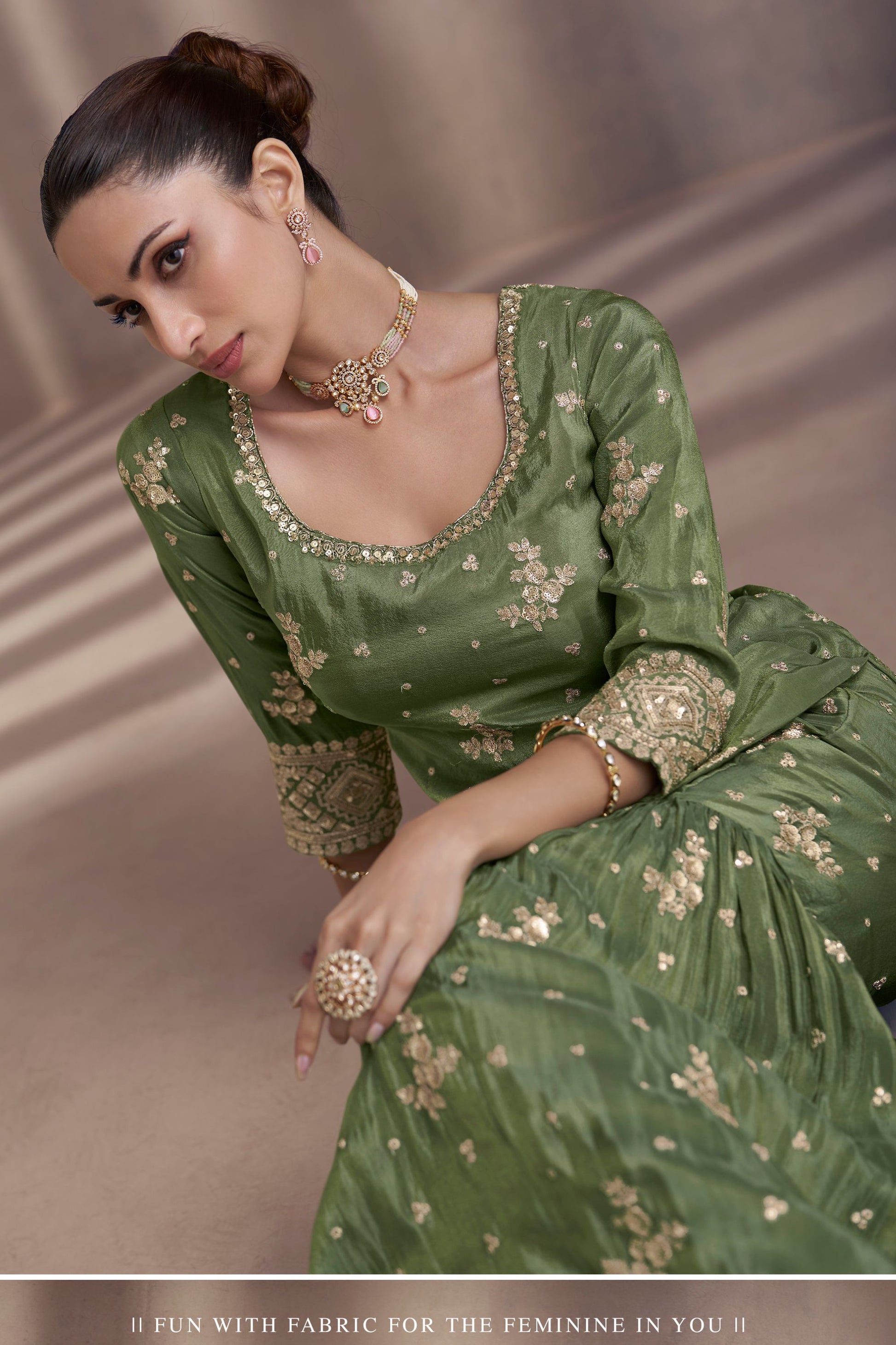 Green Chinon Silk Sharara Suit for Indian Festival & Pakistani Wedding - Embroidery Work