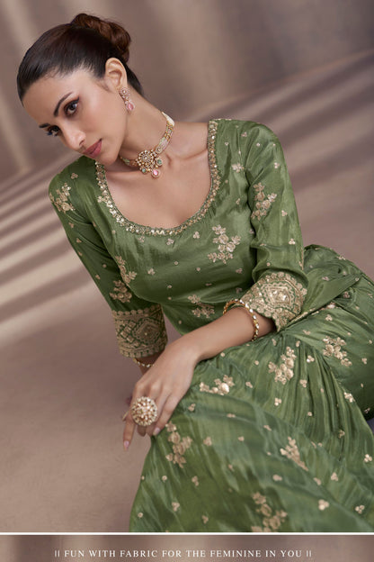 Green Chinon Silk Sharara Suit for Indian Festival & Pakistani Wedding - Embroidery Work