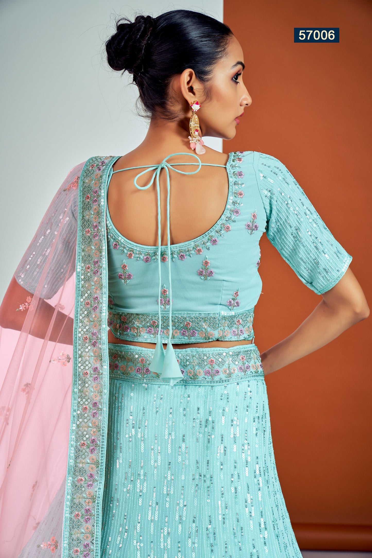 Turquoise Pakistani Georgette Lehenga Choli For Indian Festivals & Weddings - Sequence Embroidery Work, Thread Embroidery Work, Dori Work