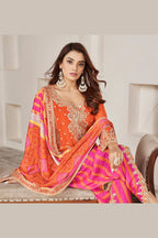 Orange Chinon Silk Salwar Kameez with Dhoti Tulip for Indian Festival & Pakistani Wedding - Sequence Embroidery Work, Dori Work, Print Work, Mirror Work