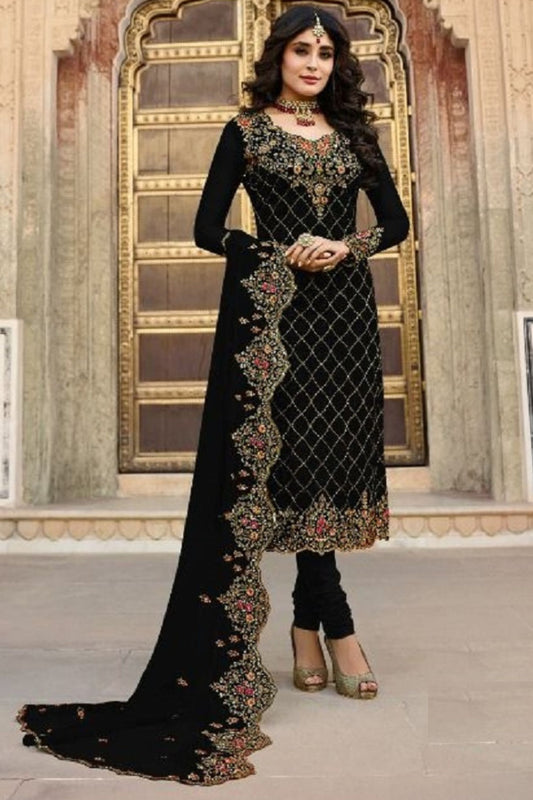 Black Georgette Kameez with Pant For Indian Suit Festivals & Pakistani Weddings - Embroidery Work, Stone Work