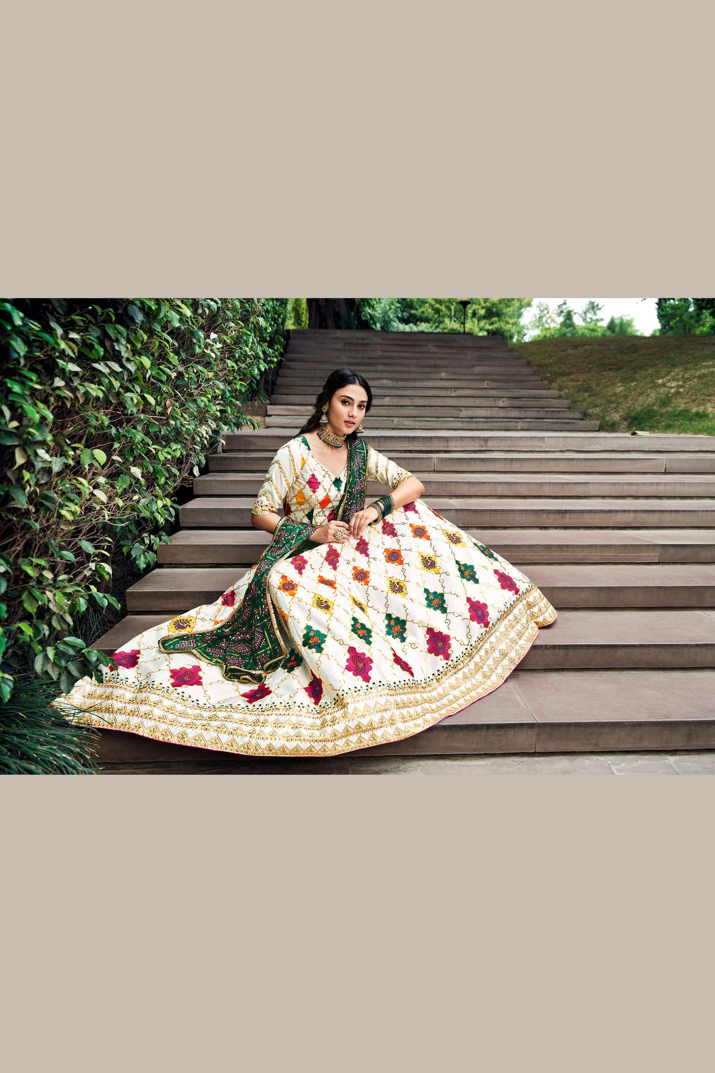 White Silk Lehenga Choli For Indian Festivals & Weddings - Sequence Embroidery Work, Thread Work, Print Work