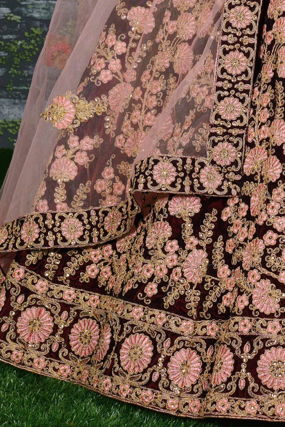 Maroon Velvet Lehenga Choli For Indian & Pakistani Wedding Festival - Sequins & Thread Embroidery Work, Dori Work