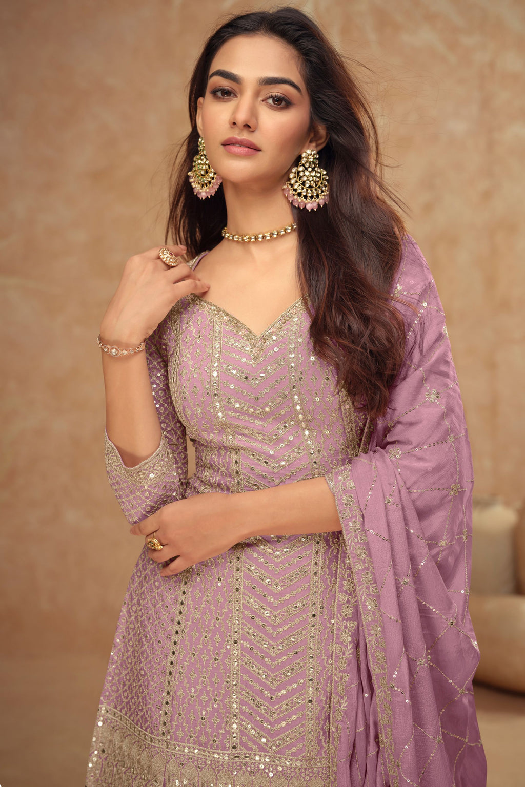 Dusty Pink Chinon Silk Plazo Suit For Indian Weddings & Pakitani Festival - Embroidery Work