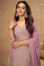 Dusty Pink Chinon Silk Plazo Suit For Indian Weddings & Pakitani Festival - Embroidery Work