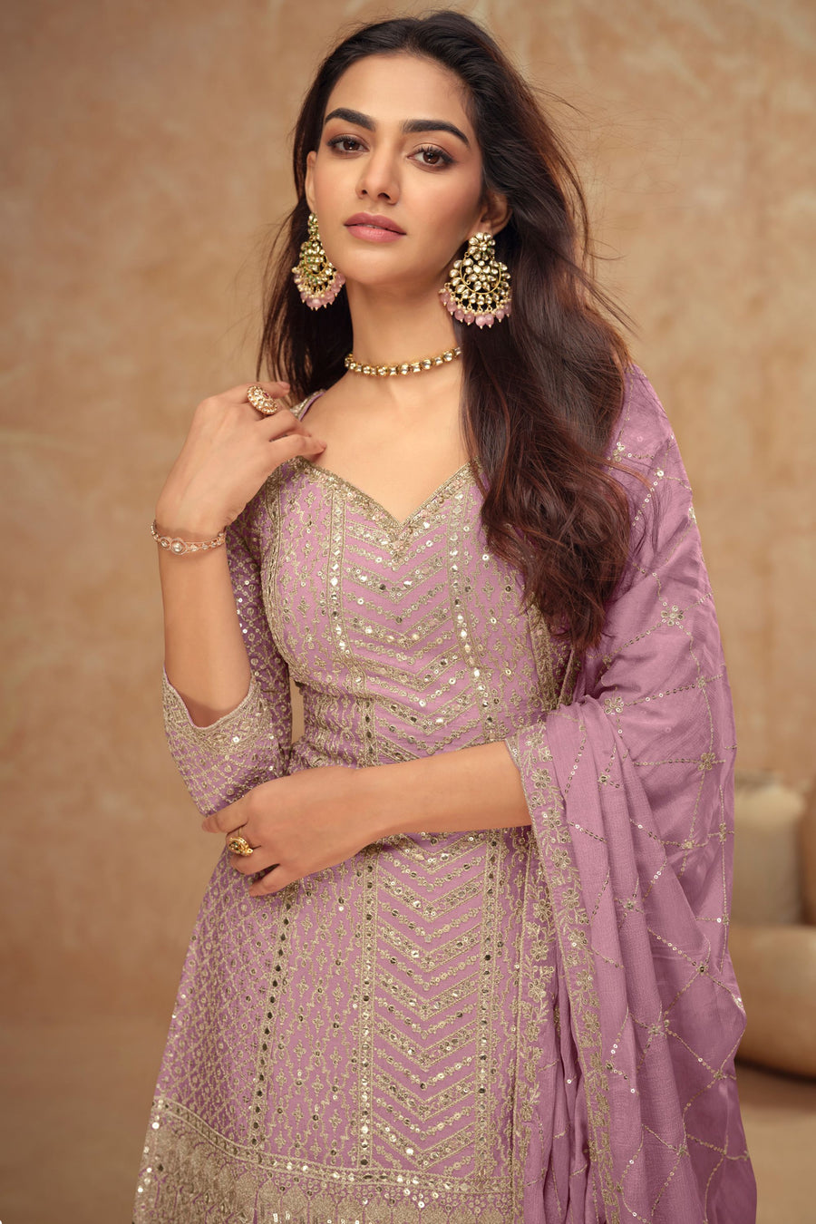 Dusty Pink Chinon Silk Plazo Suit For Indian Weddings & Pakitani Festival - Embroidery Work