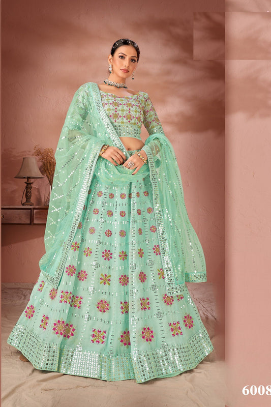 Sea Green Georgette Lehenga Choli For Indian Festivals & Wedding - Thread Embroidery Work, Sequence Embroidery Work