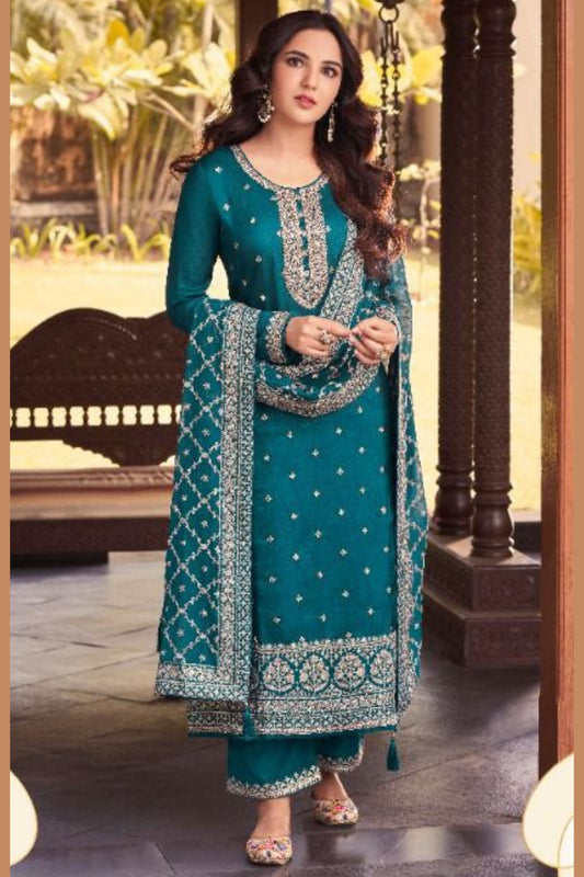 Teal Dola Silk Kameez With Plazzo For Indian Suit Festivals & Pakistani Weddings Dress - Embroidery Work