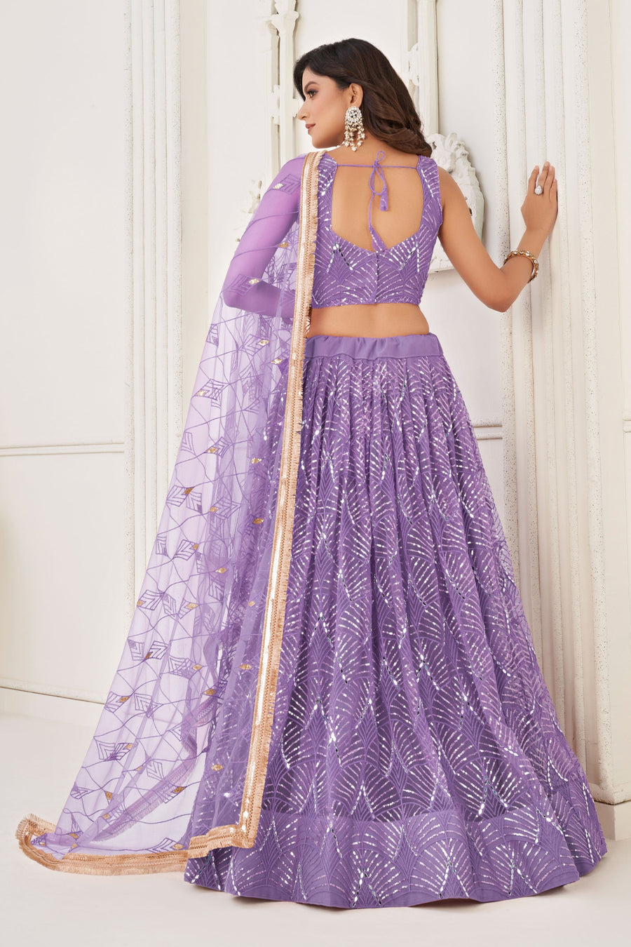 Purple Net Embroidered Lehenga Choli For Indian Festival & Weddings - Embroidery Work