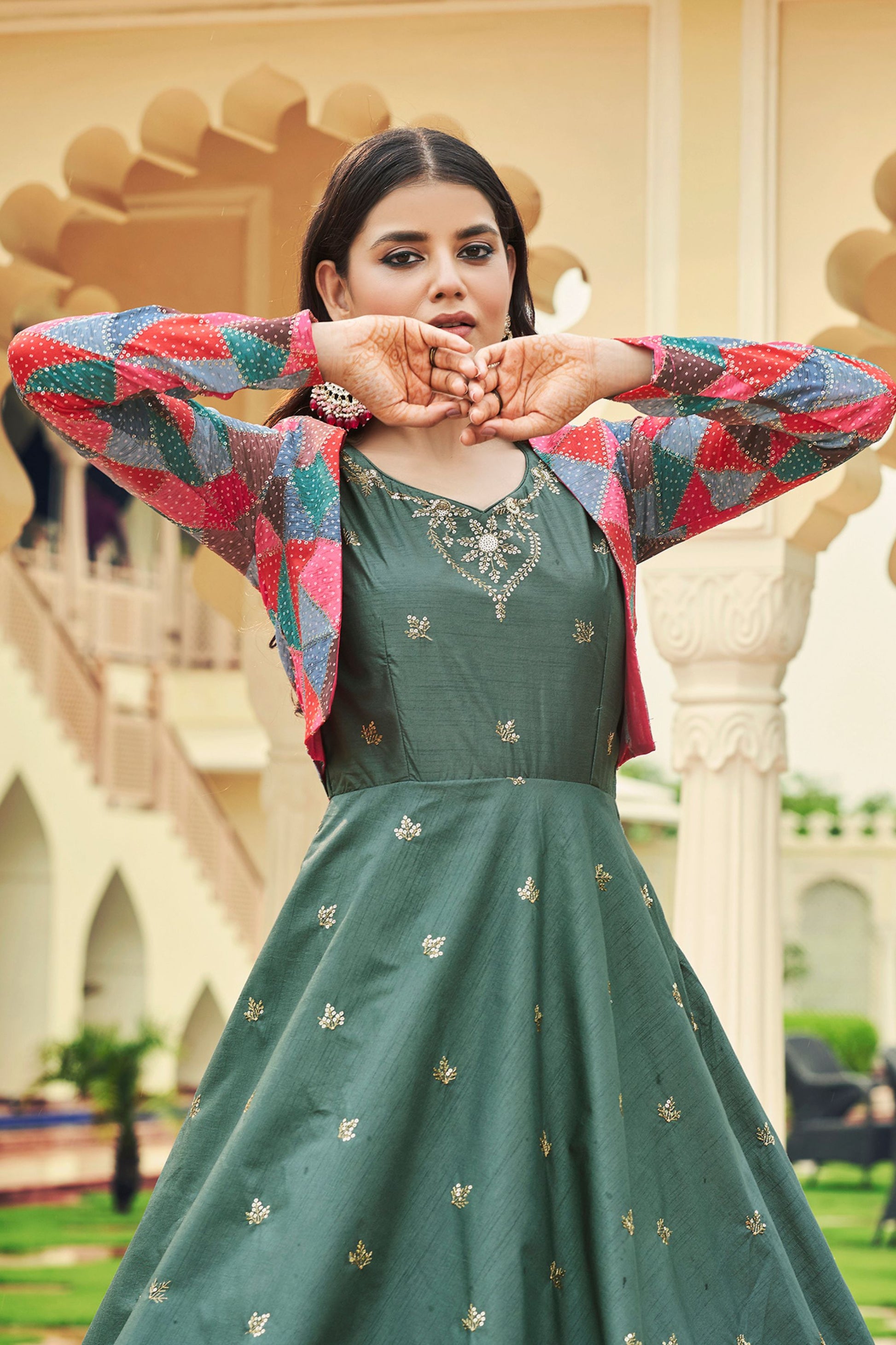 Teal Pakistani Cotton Anarkali Suit For Indian Festivals & Weddings - Thread Work, Sequence Embroidery Work,