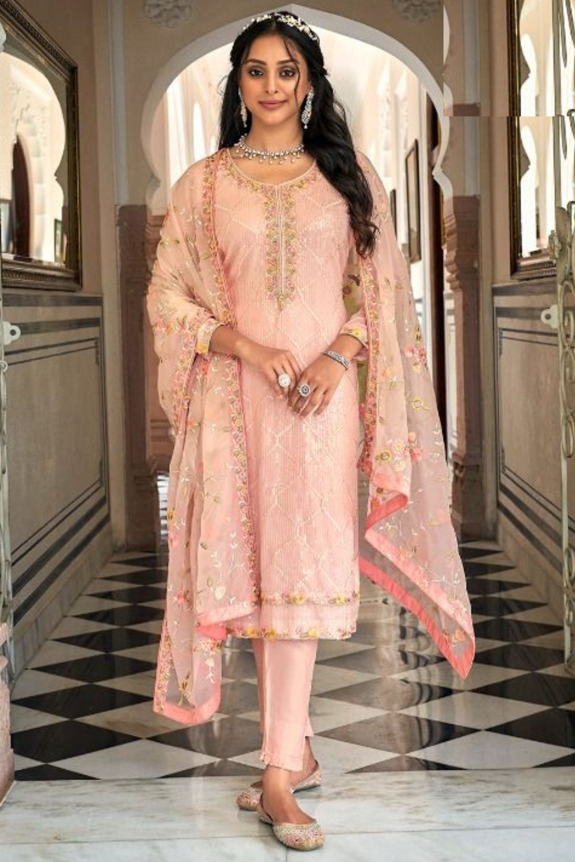 Light Peach Georgette with Chinon Silk Kameez with Pant For Indian Suit Festivals & Pakistani Weddings - Embroidery Work