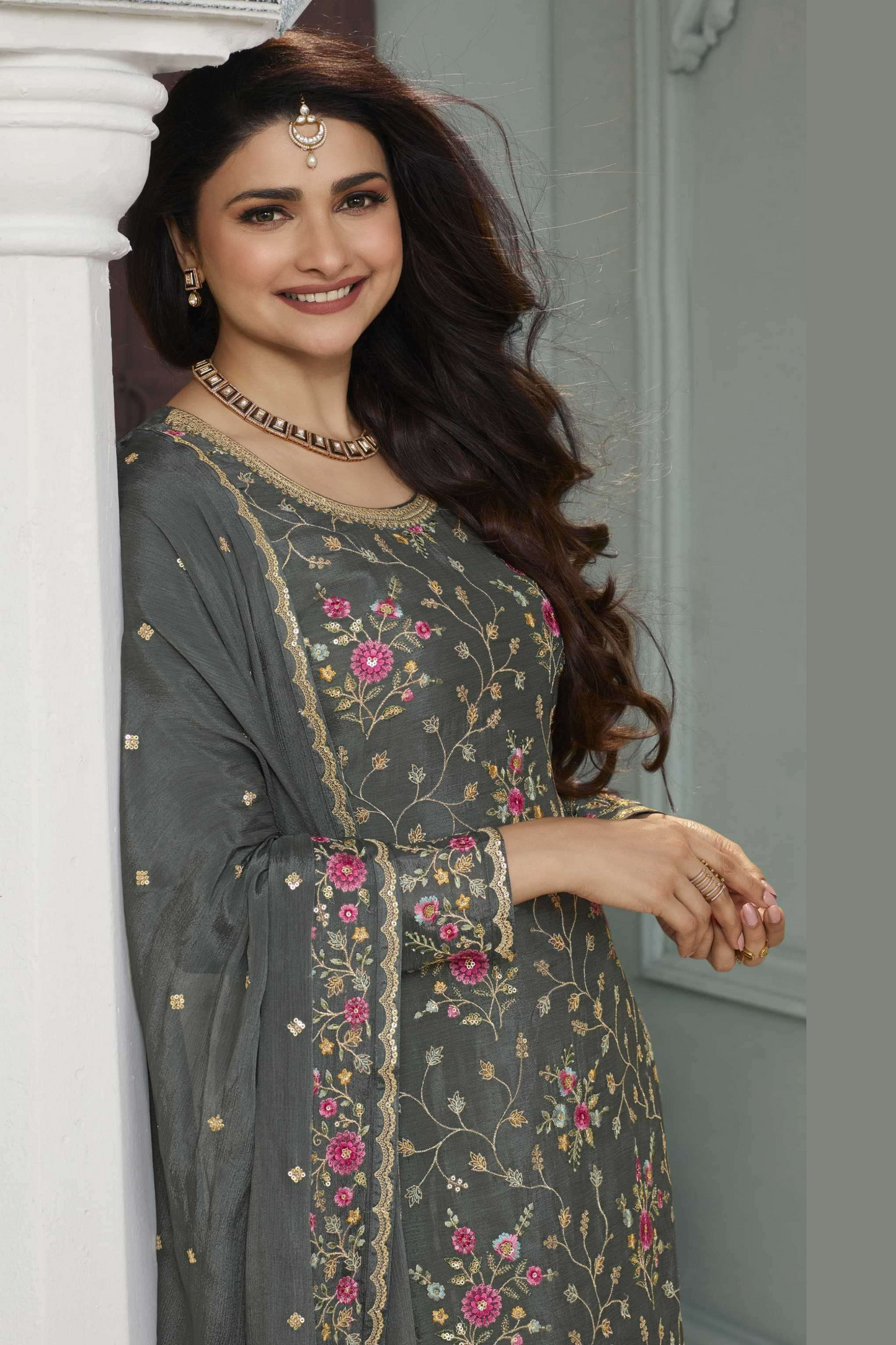 Gray Chinon Silk Floral Plazo Suit For Indian Festivals & Pakistani Weddings Dress - Embroidery Work