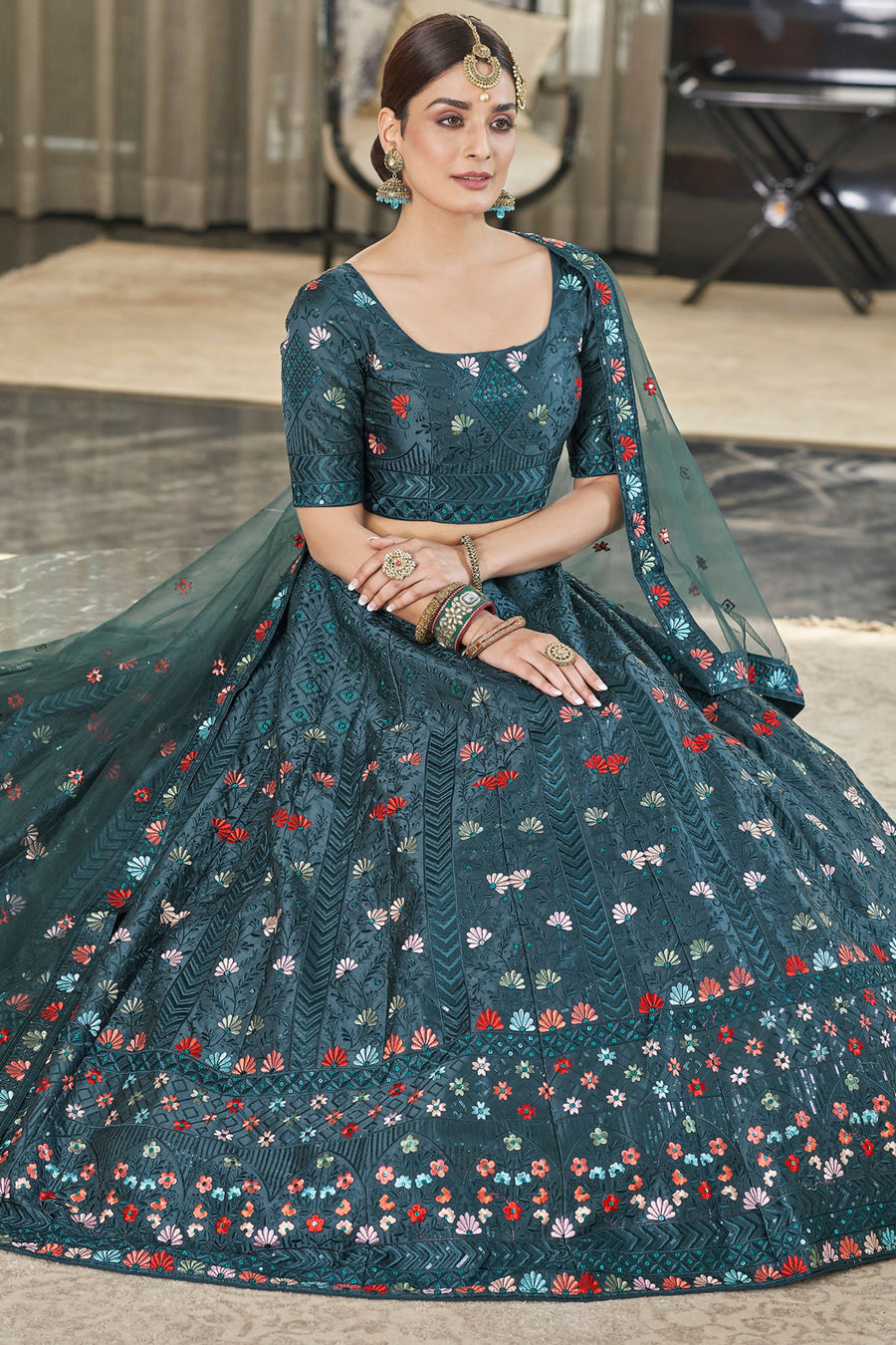 Teal Silk Lehenga Choli For Indian Weddings & Festivals - Thread Embroidery Work, Sequence Embroidery Work