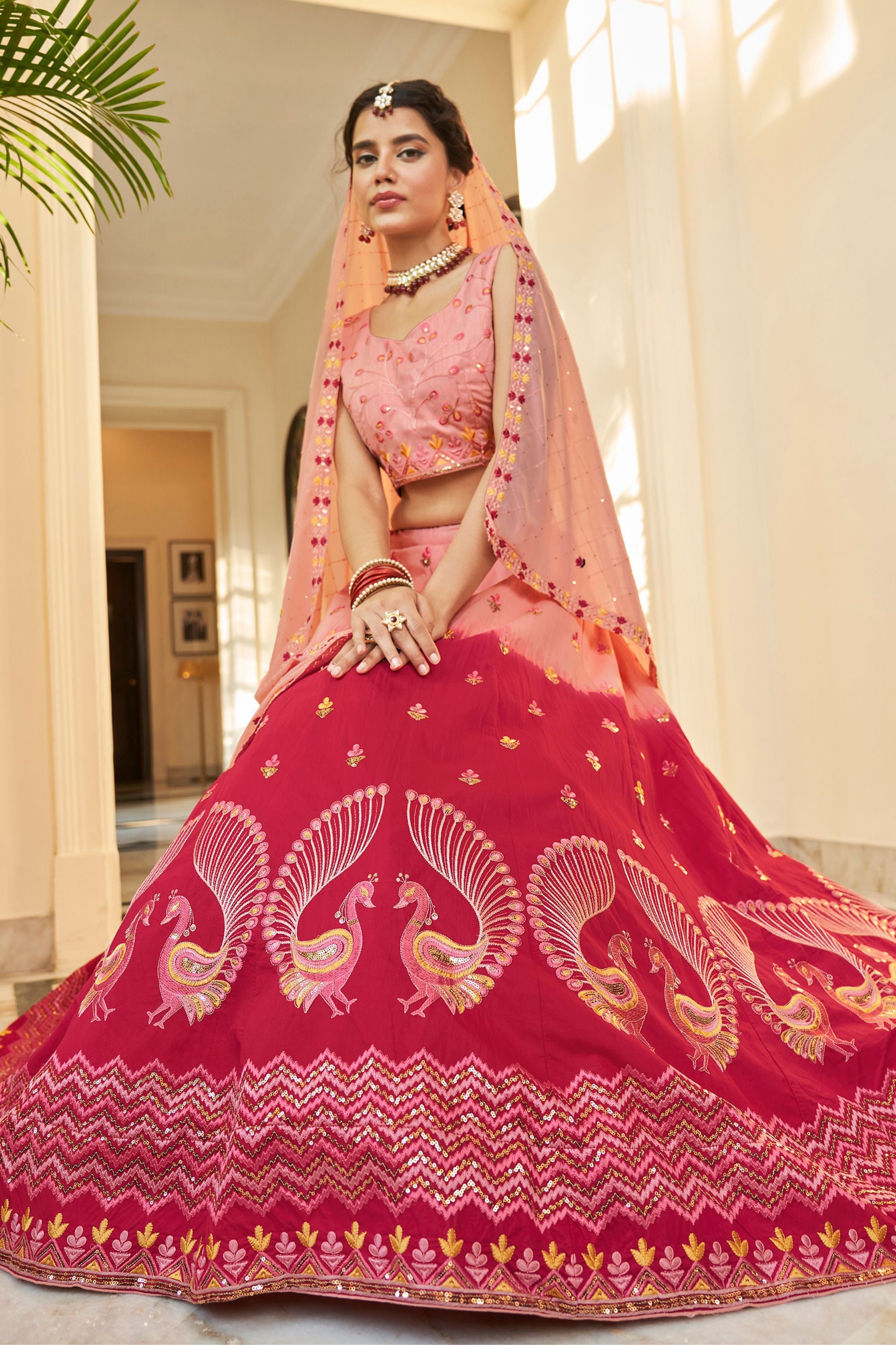 Peach Art Silk Lehenga Choli For Indian Festivals & Weddings - Sequence Embroidery Work, Thread Work