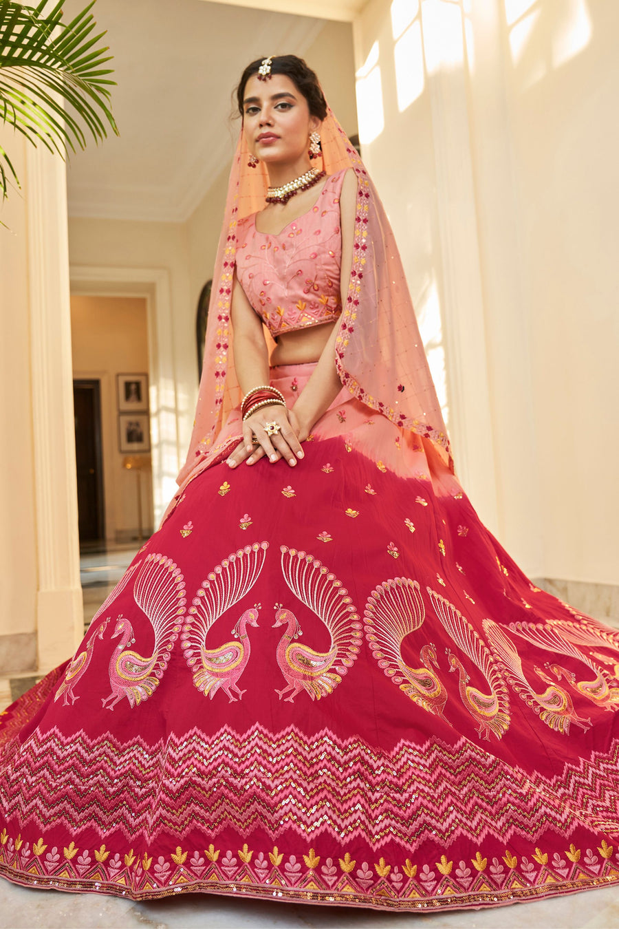 Peach Art Silk Lehenga Choli For Indian Festivals & Weddings - Sequence Embroidery Work, Thread Work