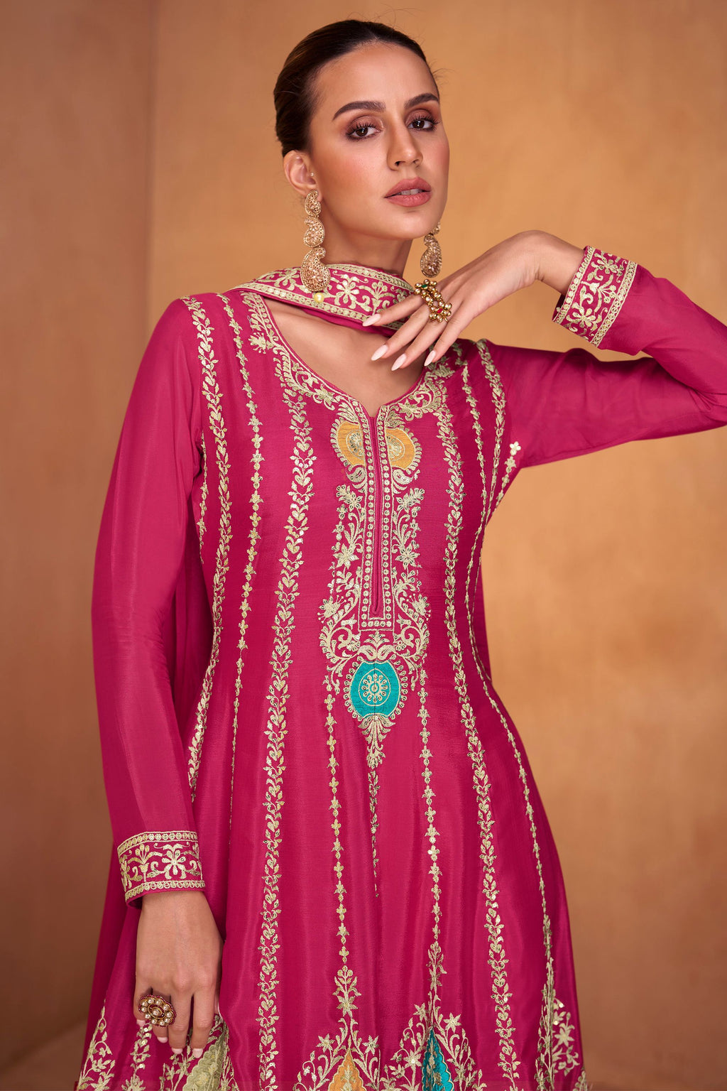 Pink Pakistani Chinon Silk Plazo Suit For Indian Festivals & Weddings - Embroidery Work