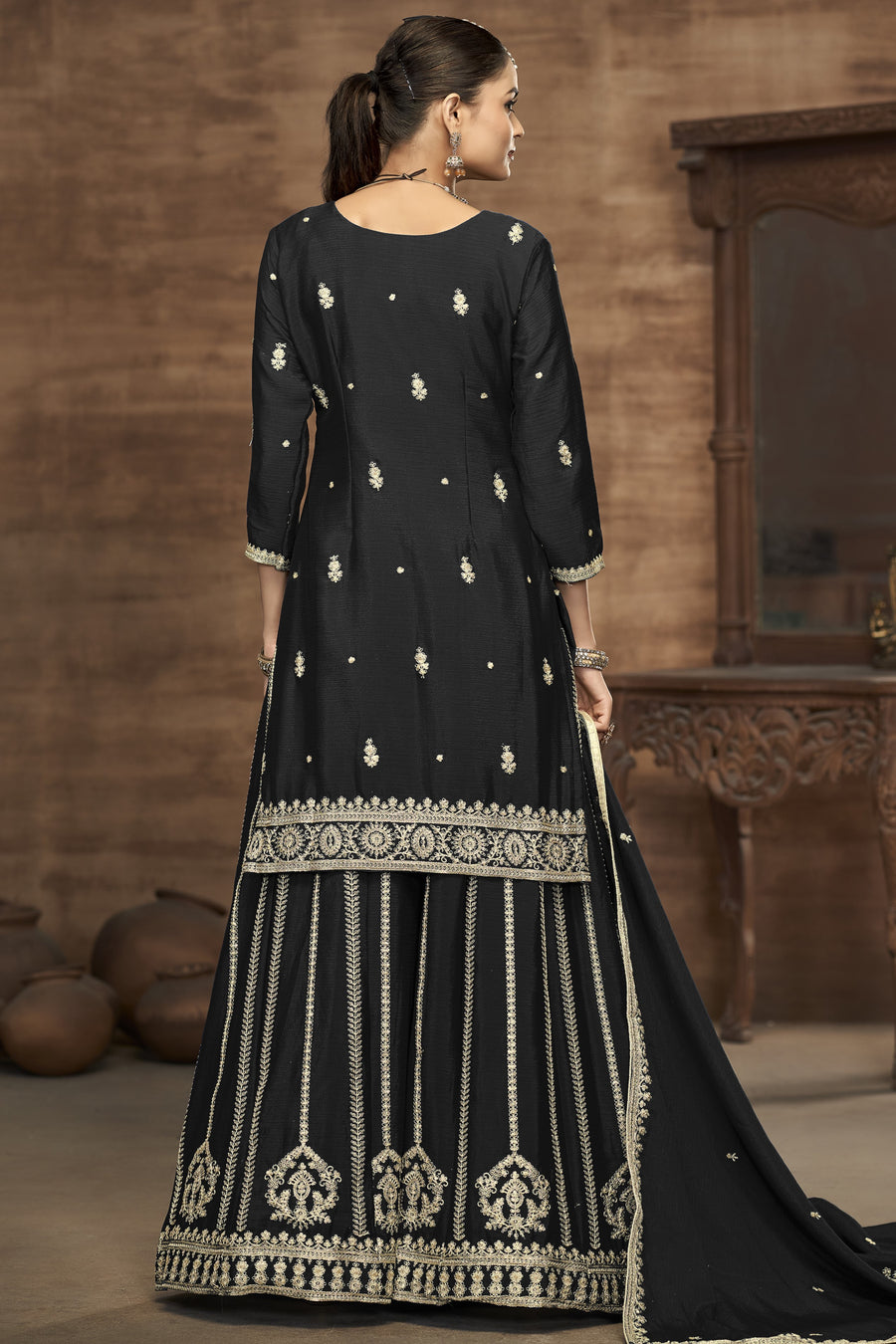 Black Chinon Silk Palazzo Suit For Indian Wedding & Pakistani Festival - Embroidery Work