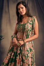 Green Organza Lehenga Choli For Indian Festival & Weddings - Embroidery Work, Print Work