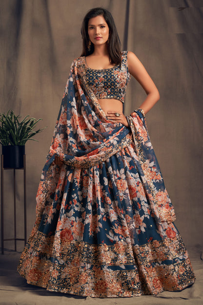 Navy Blue Organza Lehenga Choli For Indian Festival & Weddings - Embroidery Work, Print Work