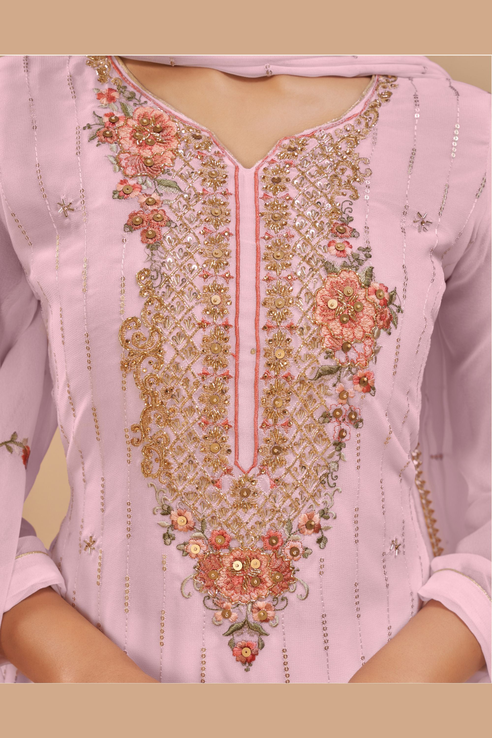 Light Pink Georgette Plus Size Salwar Kameez Upto 7XL - 54 size For Indian Festivals & Weddings - Sequence Embroidery Work, Thread Embroidery Work, Khatli Work, Zari Work