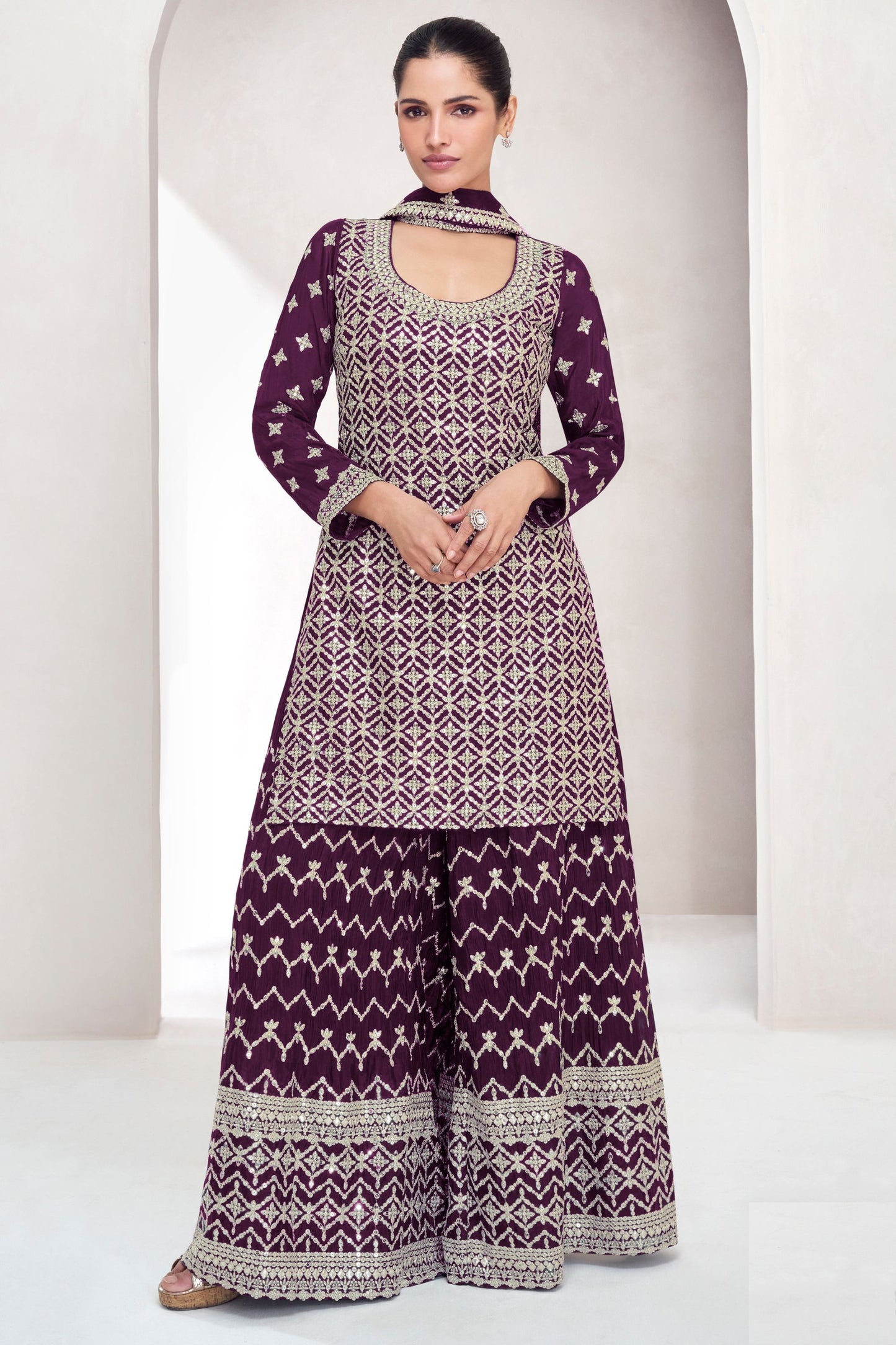 Dark Purple Chinon Silk Plazo Suit For Wedding & Festival - Embroidery Work