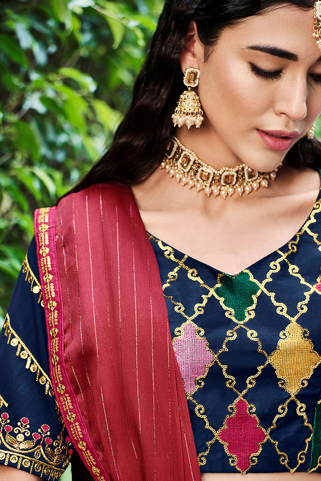 Navy Blue Silk Lehenga Choli For Indian Festivals & Weddings - Sequence Embroidery Work, Thread Work