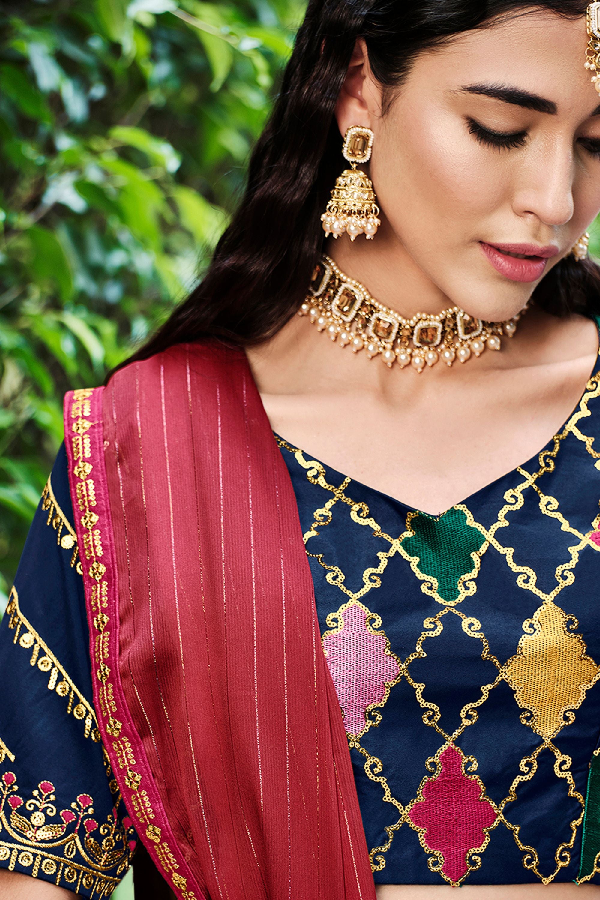 Navy Blue Silk Lehenga Choli For Indian Festivals & Weddings - Sequence Embroidery Work, Thread Work