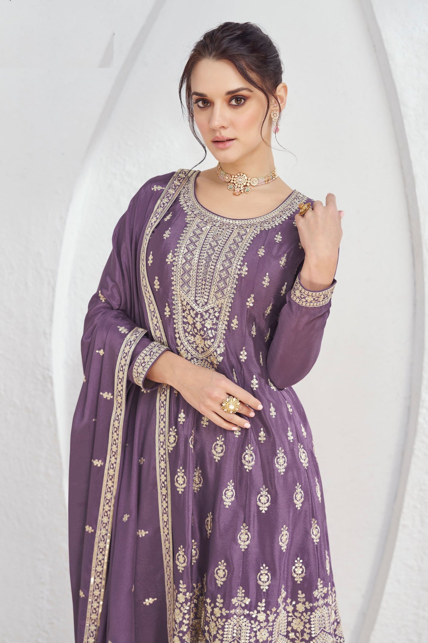 Purple Chinon Silk Palazzo Suit For Indian Festival & Pakistani Weddings - Embroidery Work