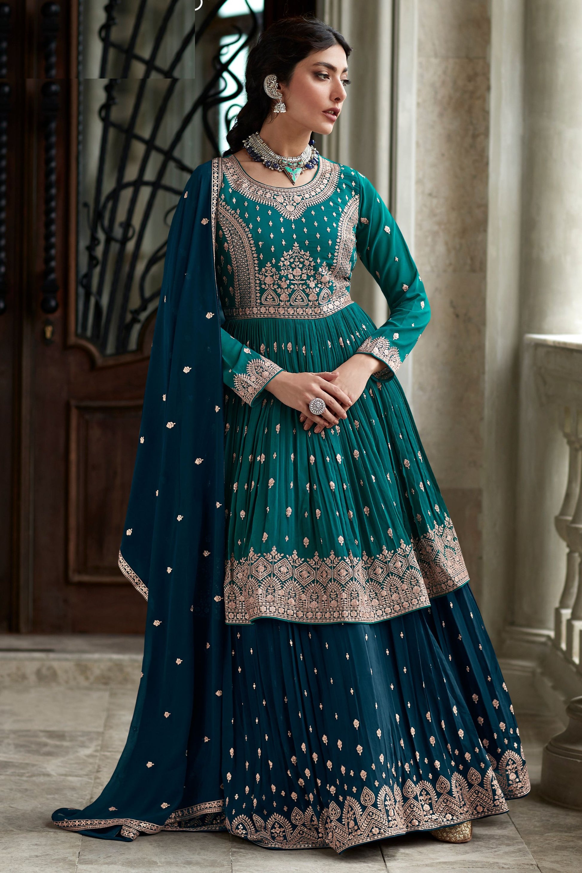 Teal Georgette Kameez with Skirt For Indian Festivals & Weddings - Thread Embroidery Work,