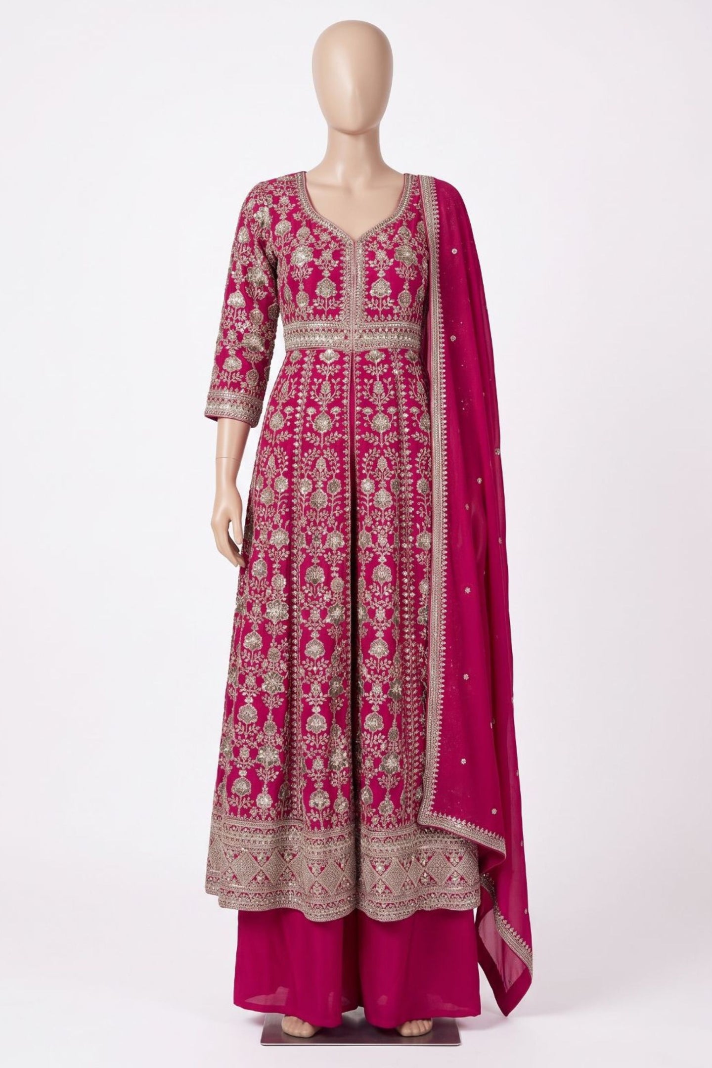 Pink India Wedding Gowns Chinon Silk Anarkali Suit with Palazzo