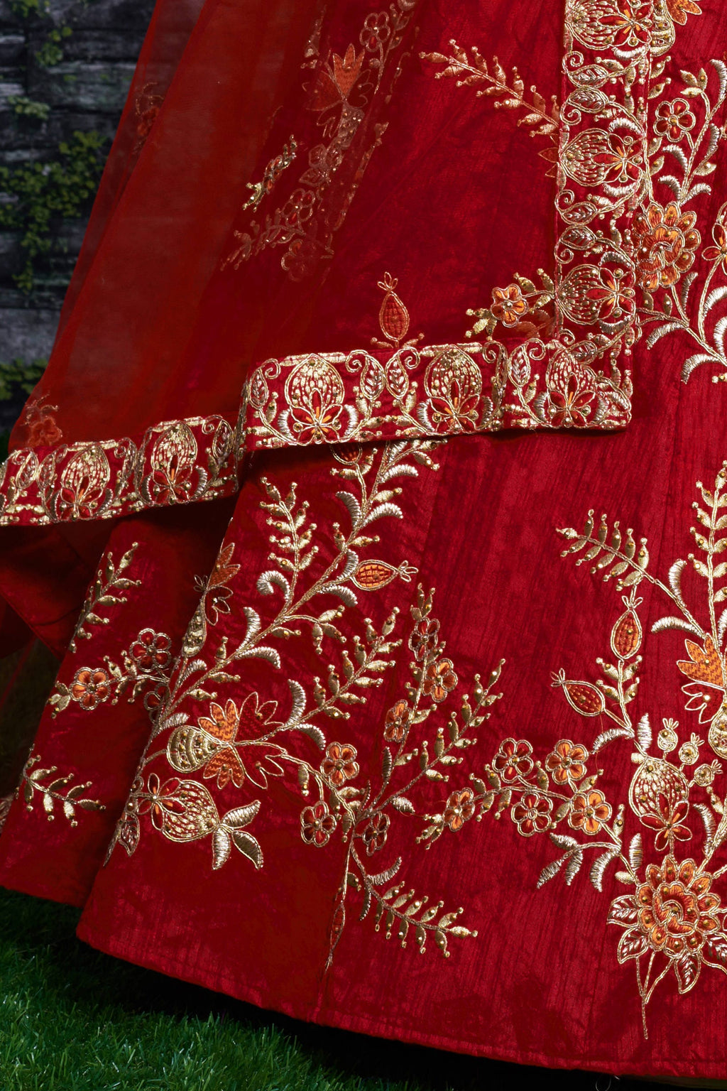 Red Ghagra Choli for Ladies in Slub Silk with Dori, Zari Work & Sequin