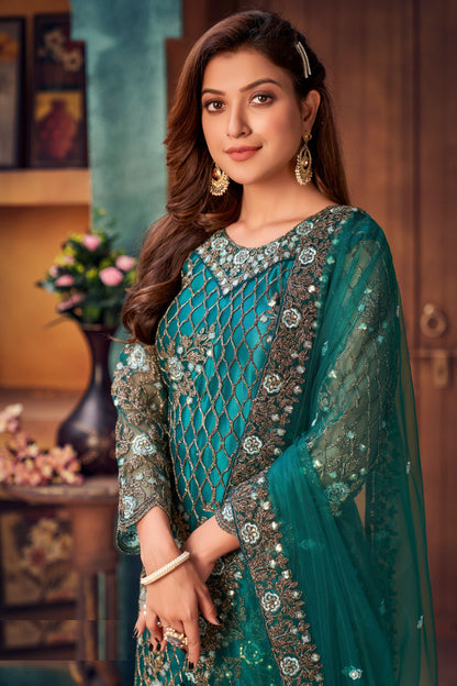 Teal Net Kameez with Pant For Indian Suit Festivals & Pakistani Weddings - Embroidery Work